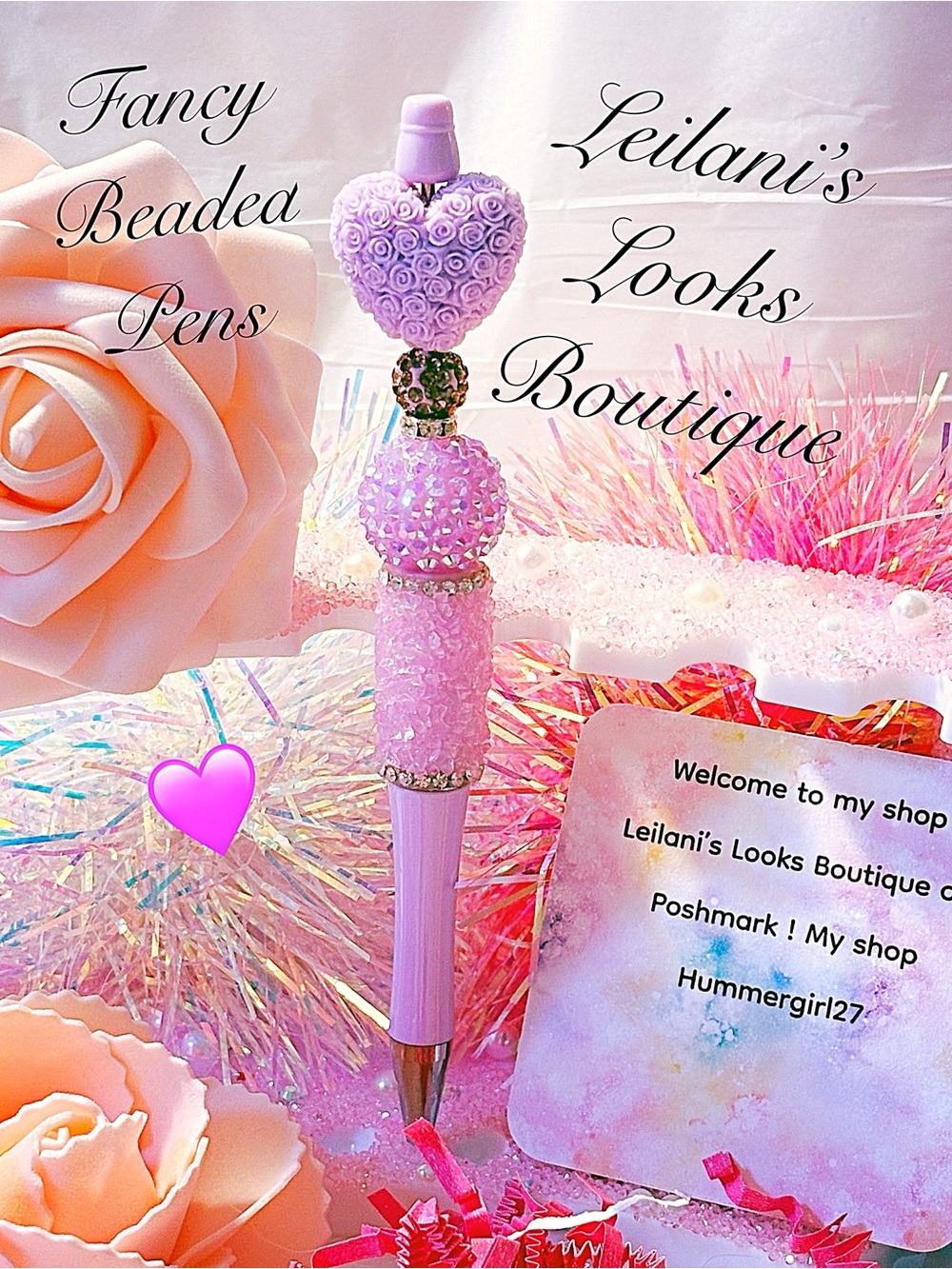 Fancy beaded Pen/gifts/purple roses heart/purple beads/